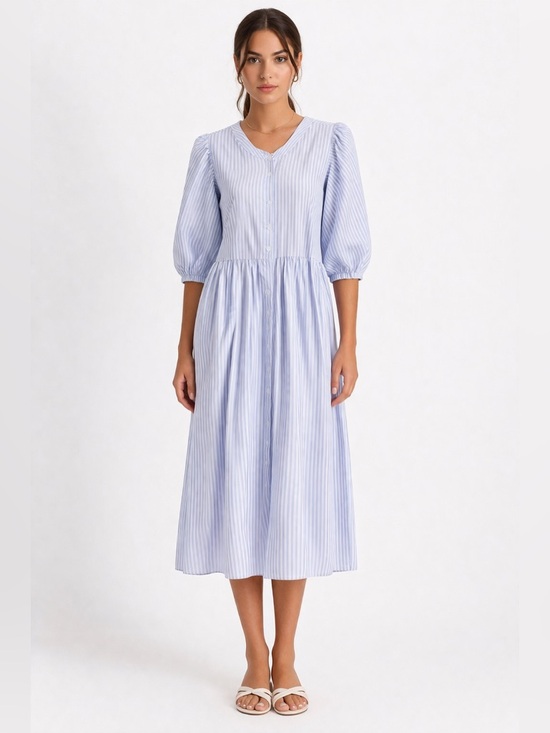 Kaffe Dresses & Skirts - Blue Stripe Midi Dress Puff Sleeve Cotton Blend Size 36 Small